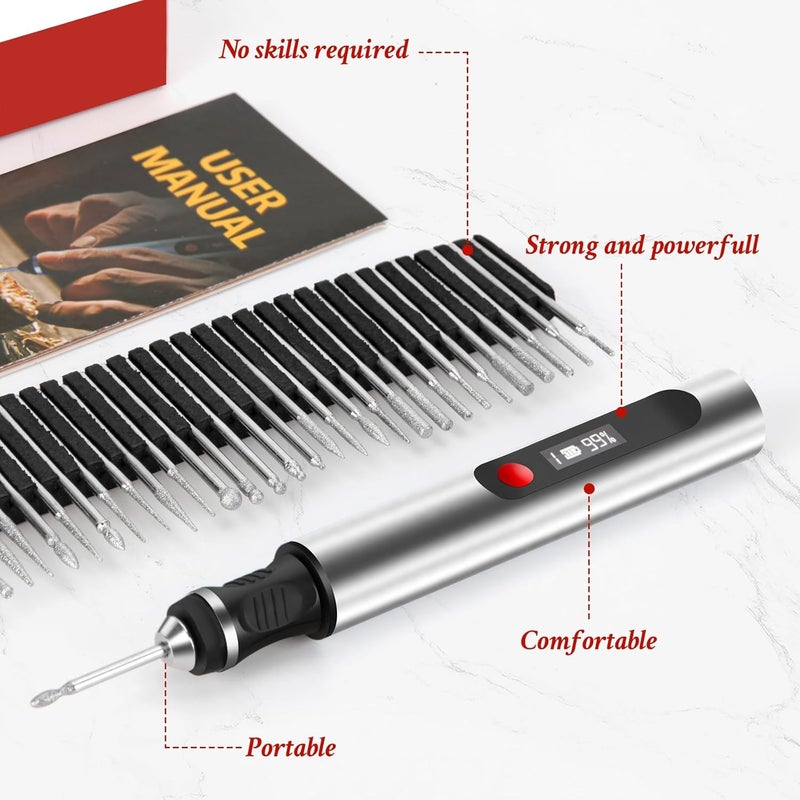 Kaibced Engraving Pen, Ultimate Cordless Engraving Pen for Artists & DIYers - Engrave 60+ Surfaces - Beginner Friendly- 30 Bits & Mastery Guide (Grey) - Image 5